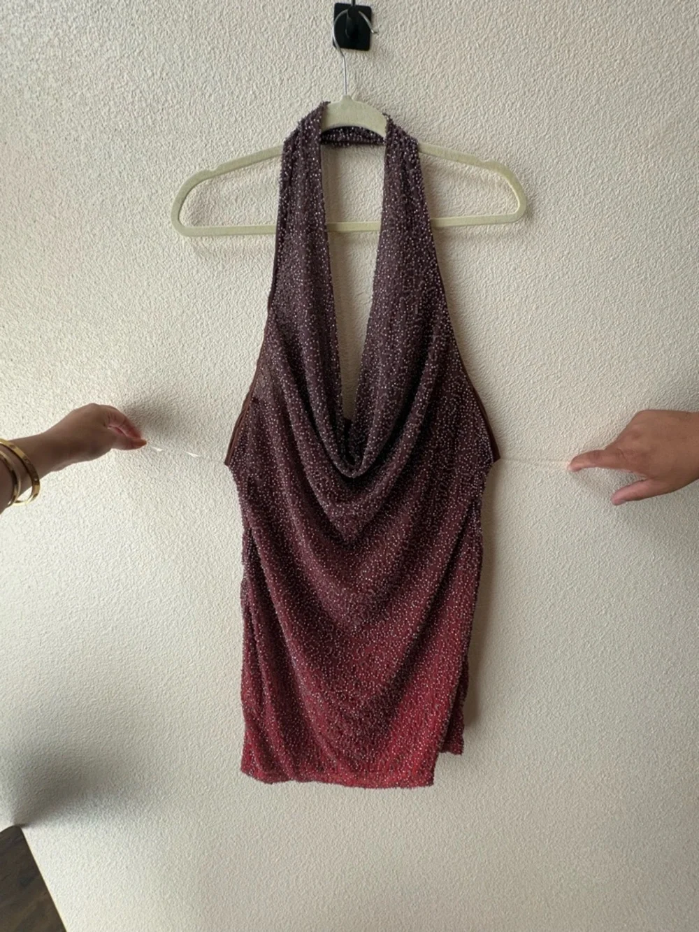 Oh Polly AMUR Ombre Sequin Cowl Neck Mini Dress - Red to Brown - Picture 6 of 7